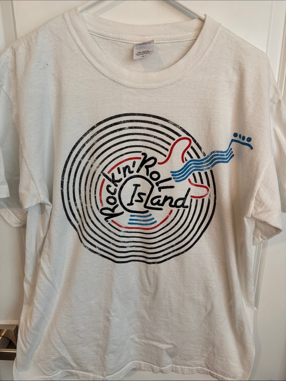 Anvil White Short Sleeve Tee with Rock'n'Roll Island Guitar Graphic